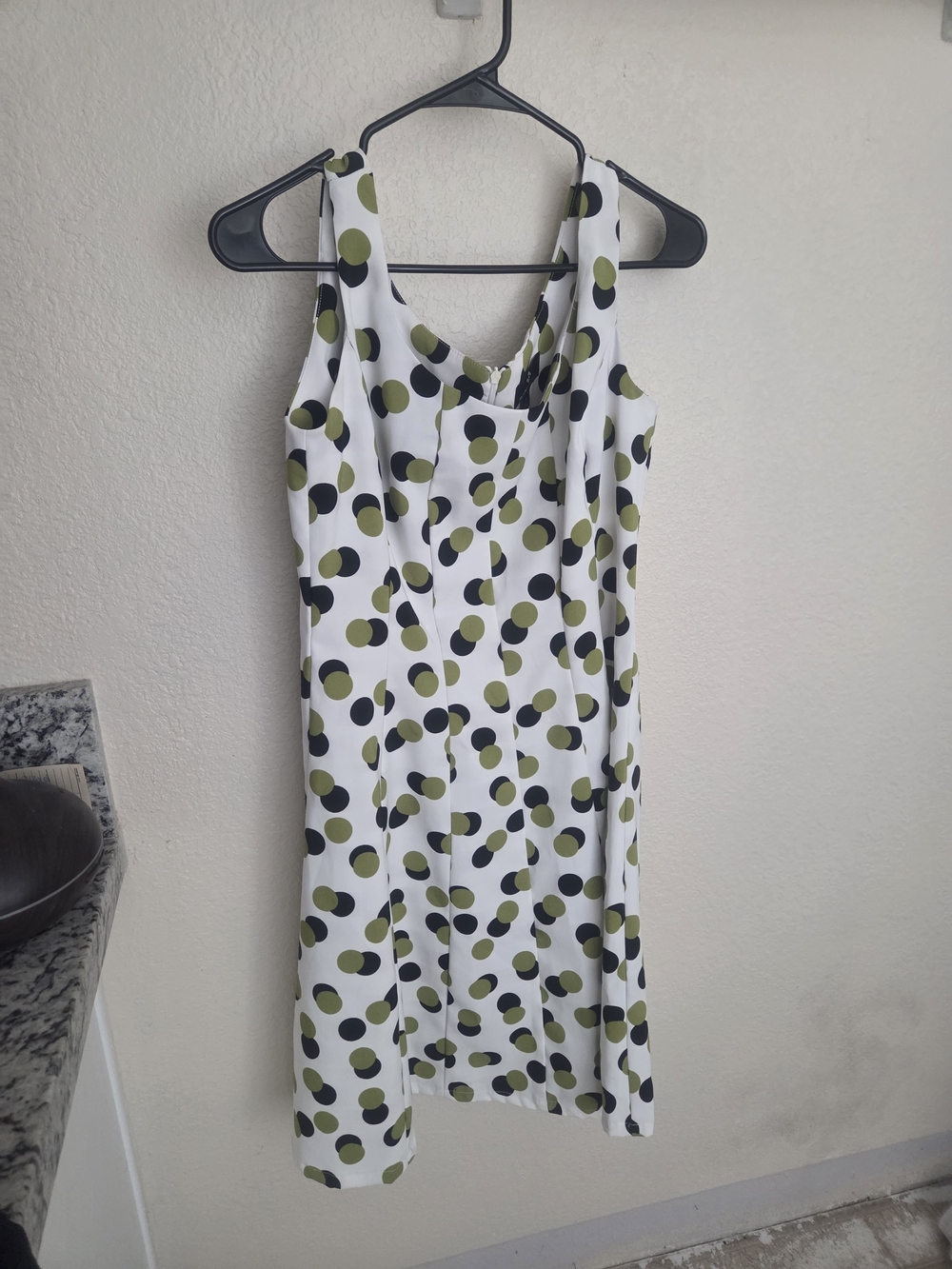 Ronni Nicole White Midi Dress with Olive and Black Polka Dots